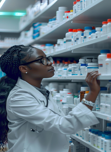 Home portrait female pharmacist working drugstore